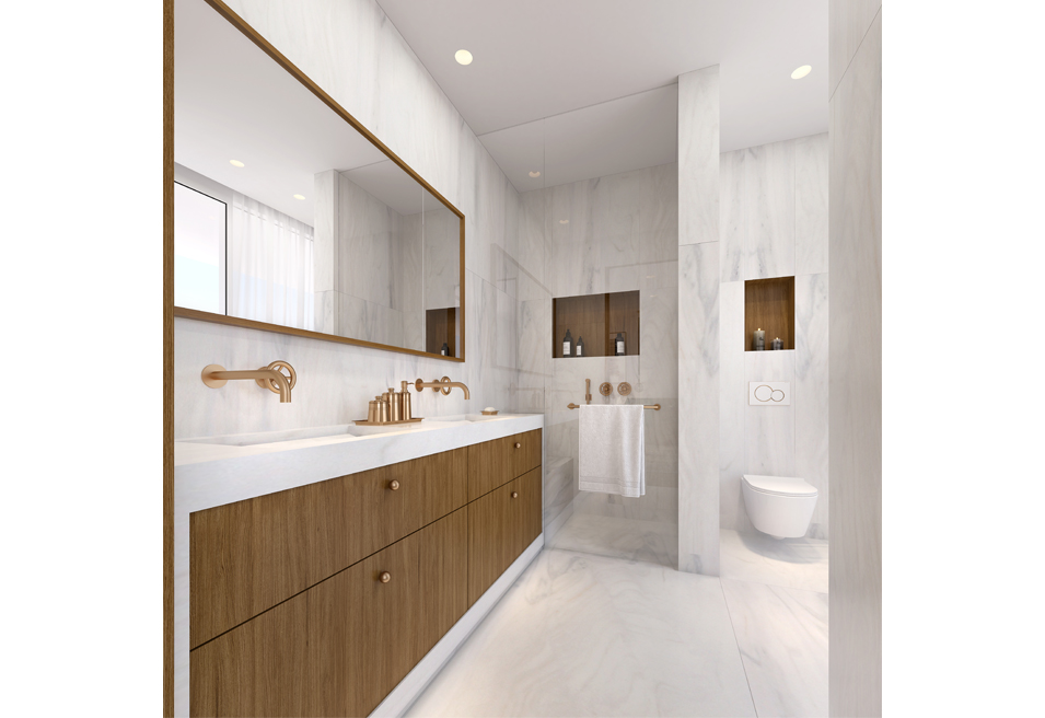 חדר רחצה באבן גושנית ועץ