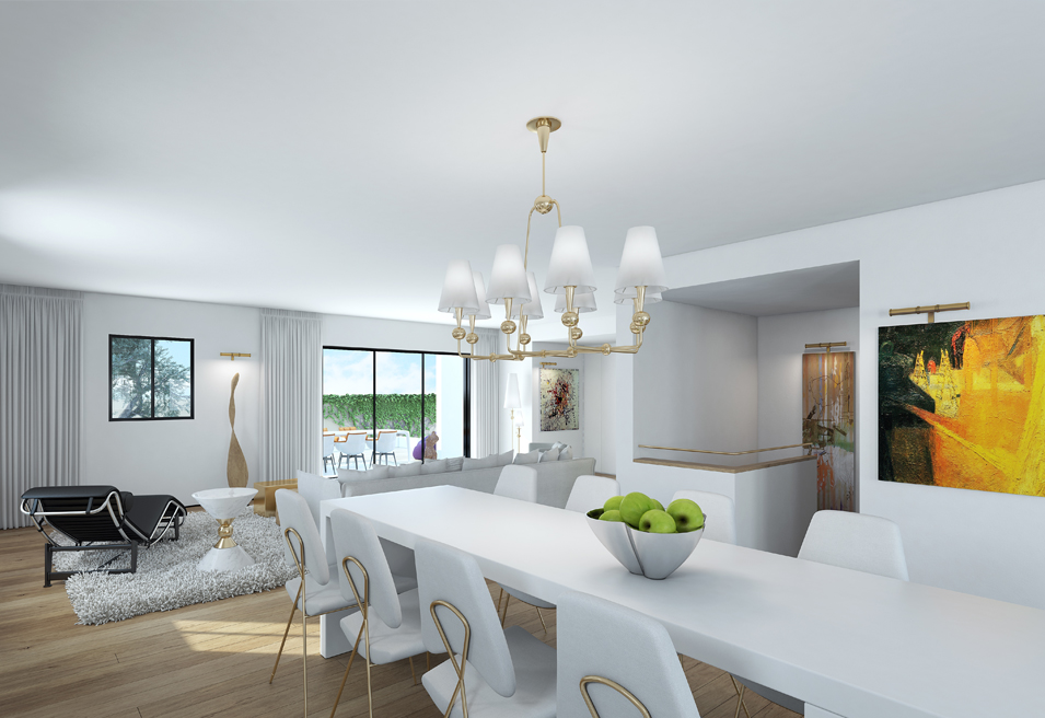 מבט מהמטבח אל הסלון והגינה