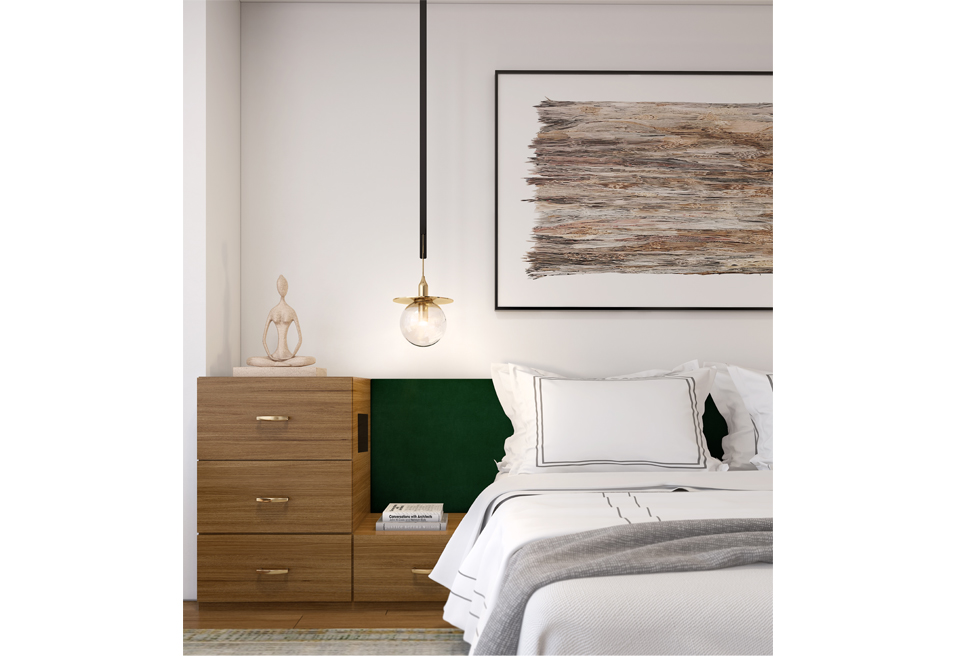 צד מיטה עם שידות מובנות וגוף תאורה